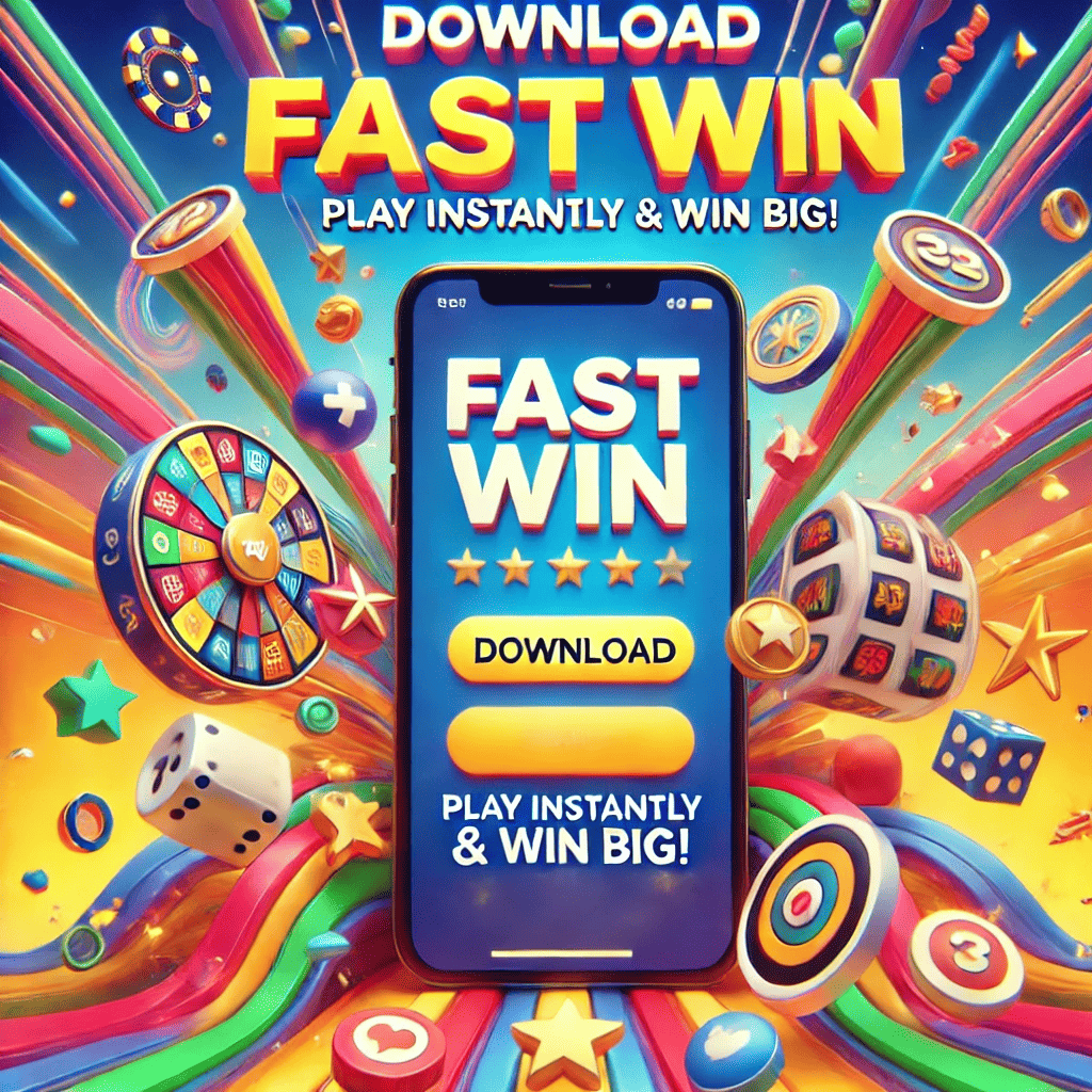 Mobile phone displaying the Fast Win Download app screen with vibrant icons and quick-win graphics, encouraging easy installation and gameplay.