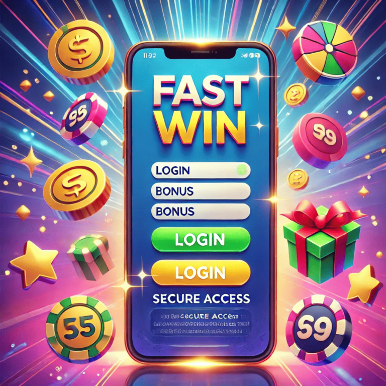 Fast Win login screen on smartphone with icons for rewards, secure login, and prizes.